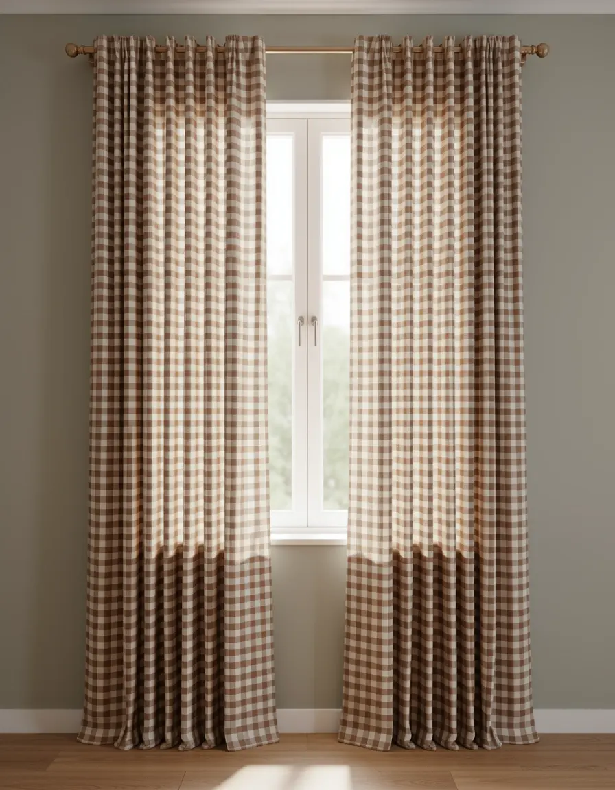 Cortinas de cocina con cuadros colgadas en una ventana luminosa