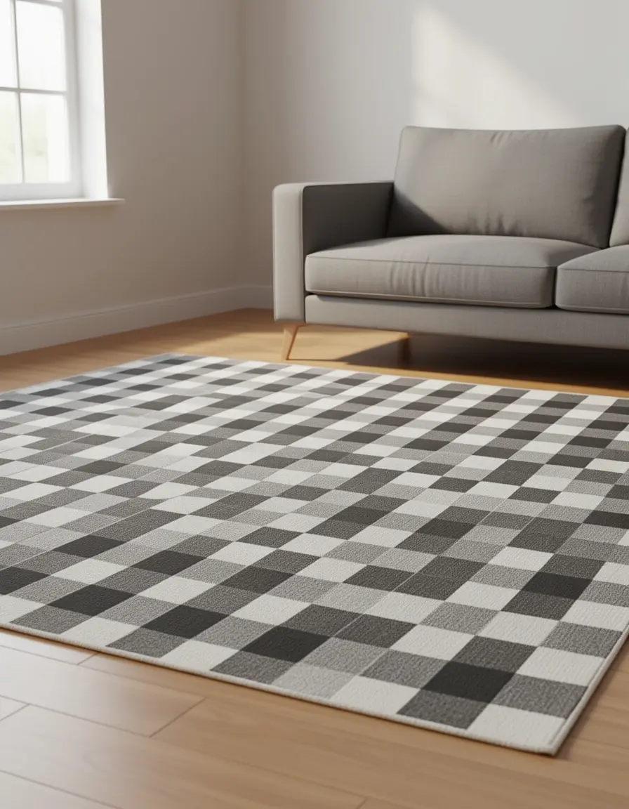 Pequeña alfombra de cocina con diseño de cuadros en el suelo