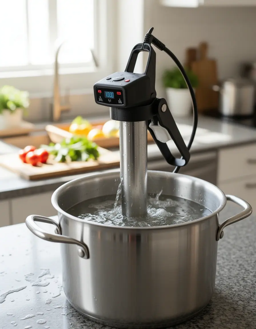 Circulador Sous Vide enganchado a una olla en funcionamiento