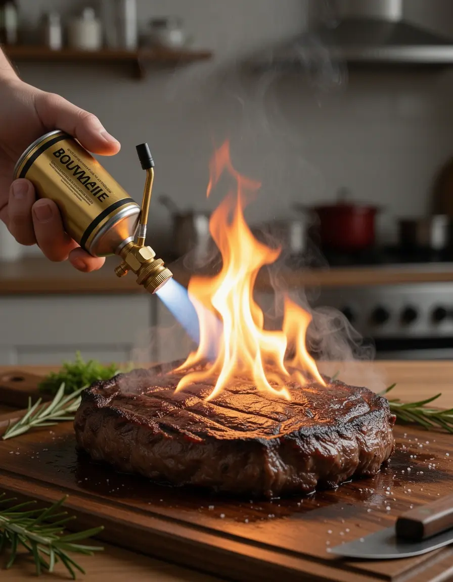 Soplete de cocina dorando un filete con una llama potente