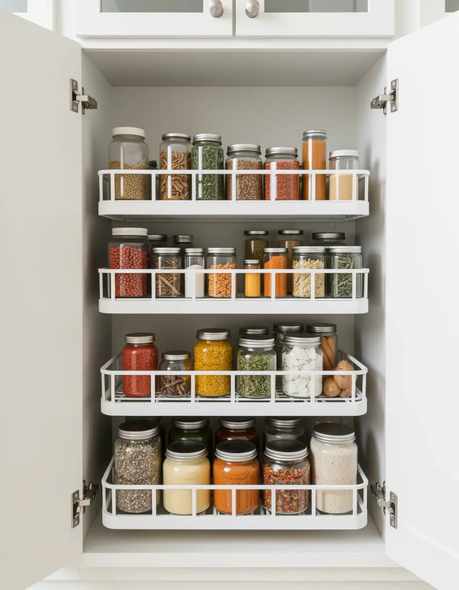Organizador de estantes ajustable para muebles de cocina de metal blanco