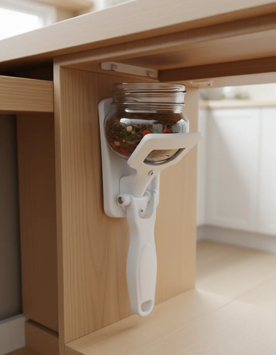 Abridor de tarros instalado bajo el mueble de cocina abriendo un frasco