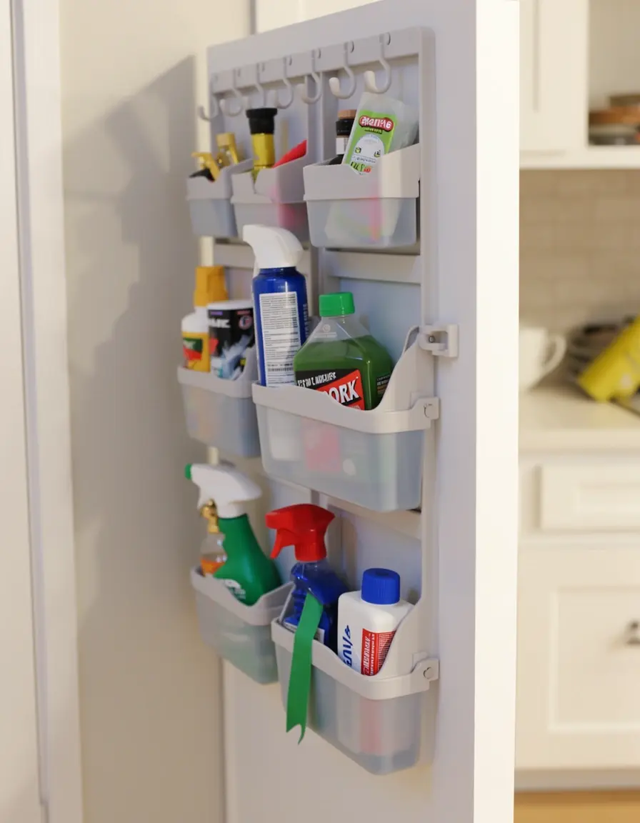 Organizador de puerta de armario con productos de limpieza