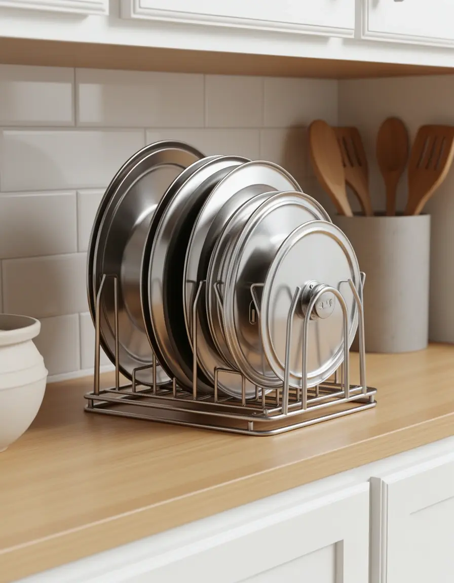 Organizador de metal para tapas de ollas en estante de cocina
