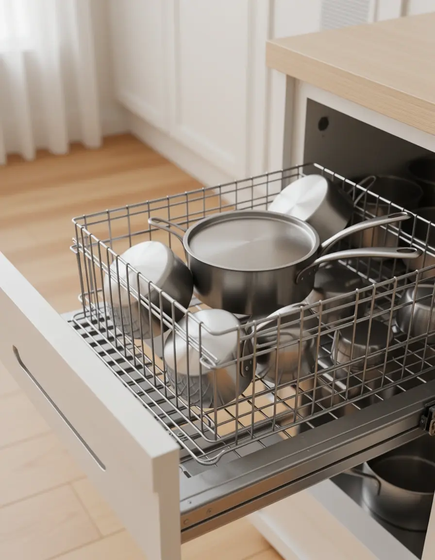 Cesta extraíble de alambre para ollas en mueble cocina