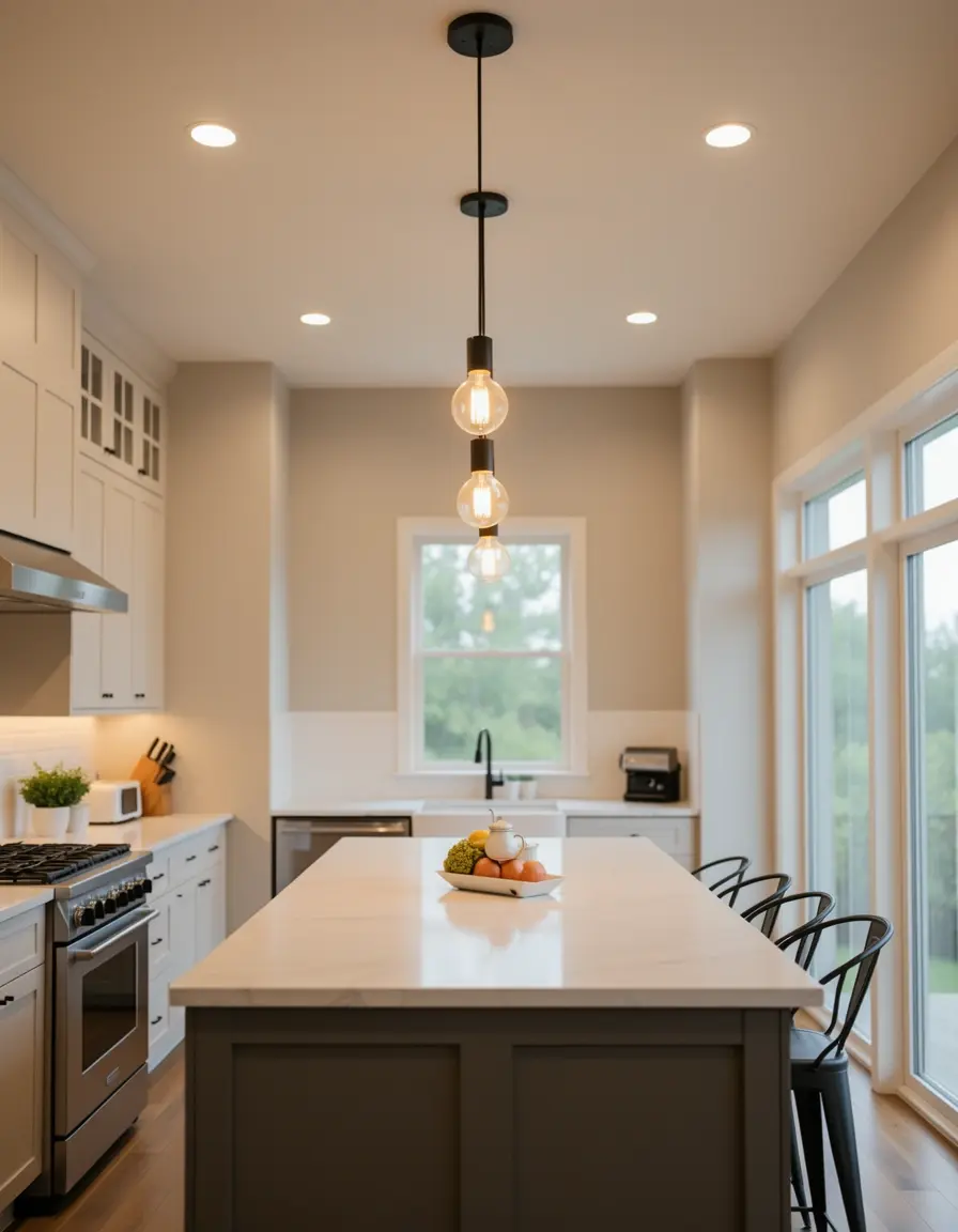 Island Pendant Light con tres bombillas sobre una cocina de isla