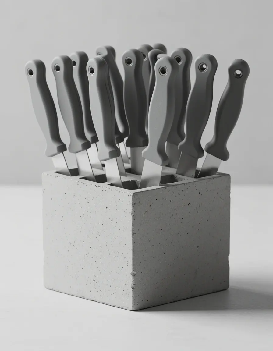 Juego de cuchillos con mangos grises en un bloque de diseño