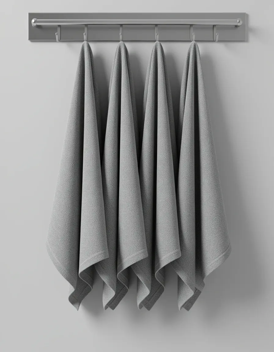 Paños de cocina grises de algodón colgados elegantemente