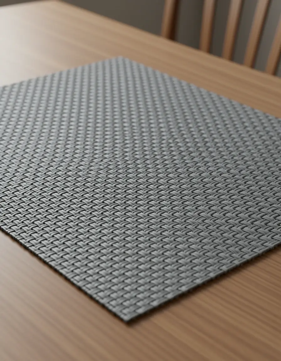 Manteles individuales grises tejidos sobre mesa de comedor