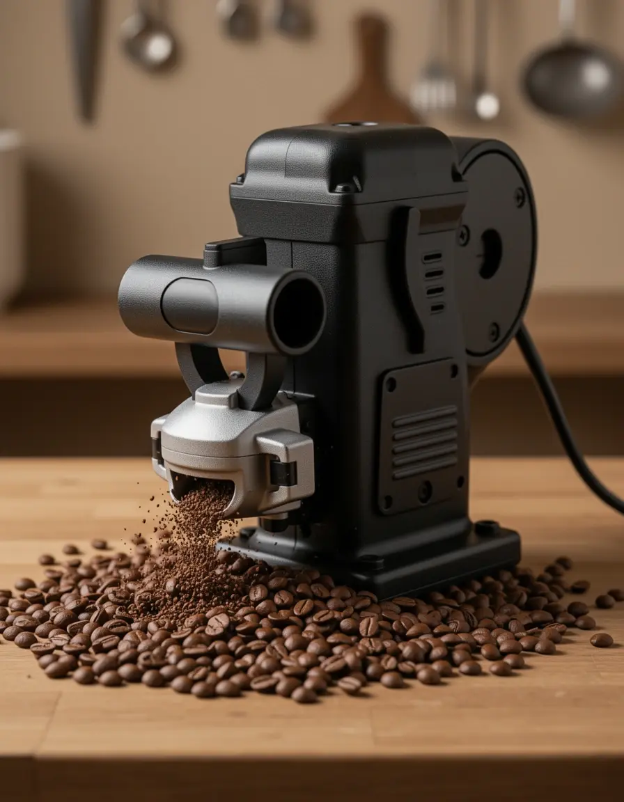 Molinillo de café eléctrico negro moliendo granos frescos