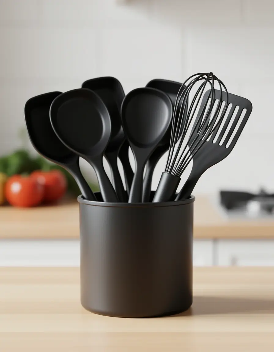 Set de utensilios de cocina negros de nylon en su soporte