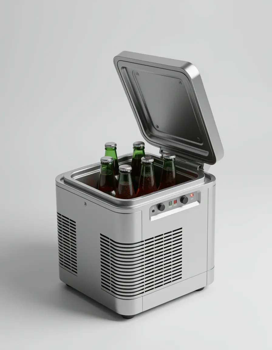 Mini nevera portátil termoeléctrica abierta con bebidas frías