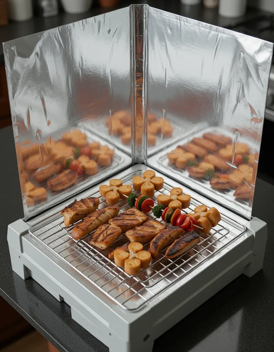 Horno solar reflectante cocinando alimentos con energía del sol