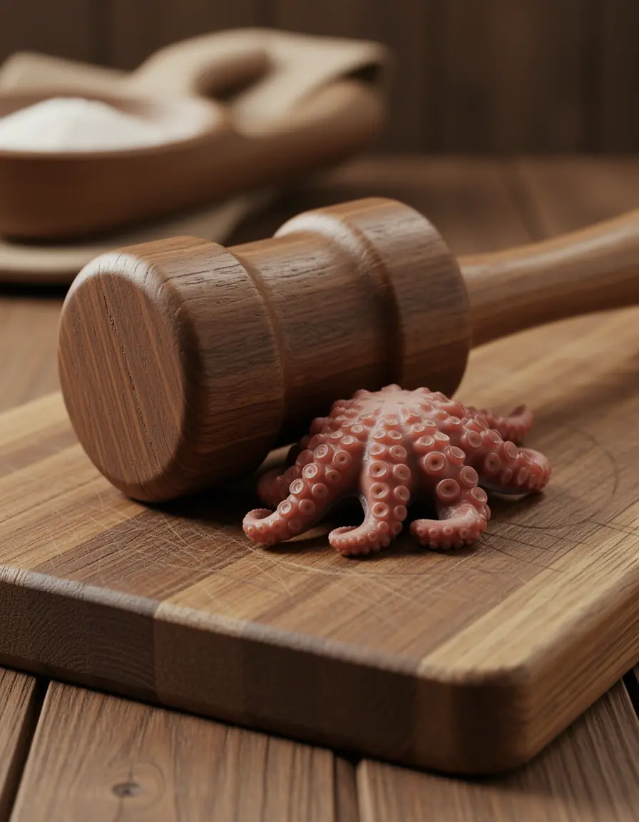 Mazo de madera para ablandar carne y pulpo sobre mesa de cocina