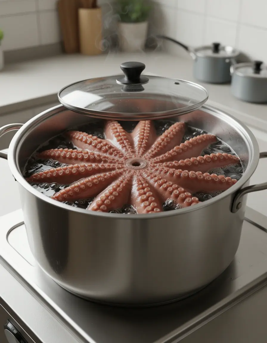 Olla grande de acero inoxidable para cocer pulpo