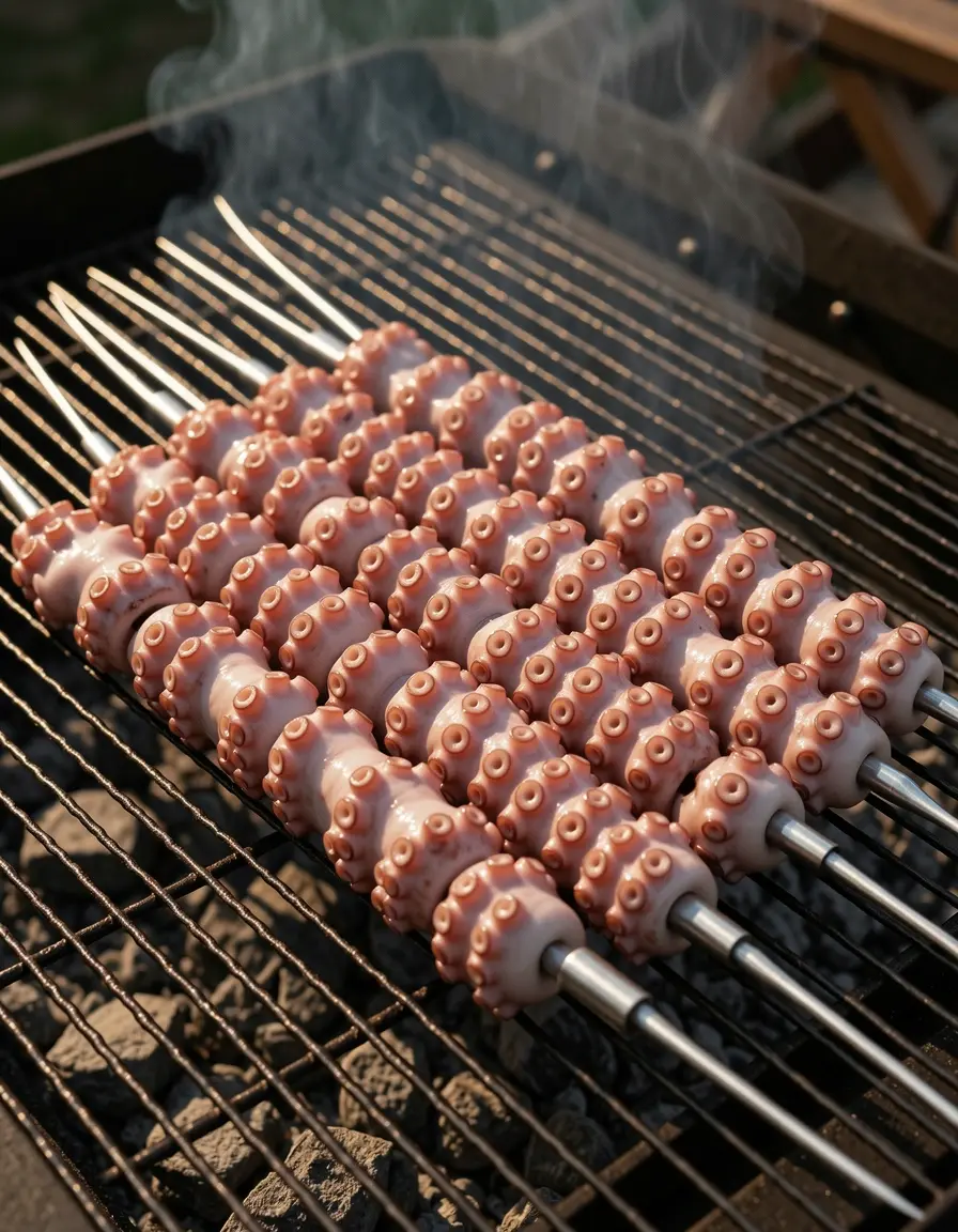 Set de brochetas metálicas con patas de pulpo a la parrilla