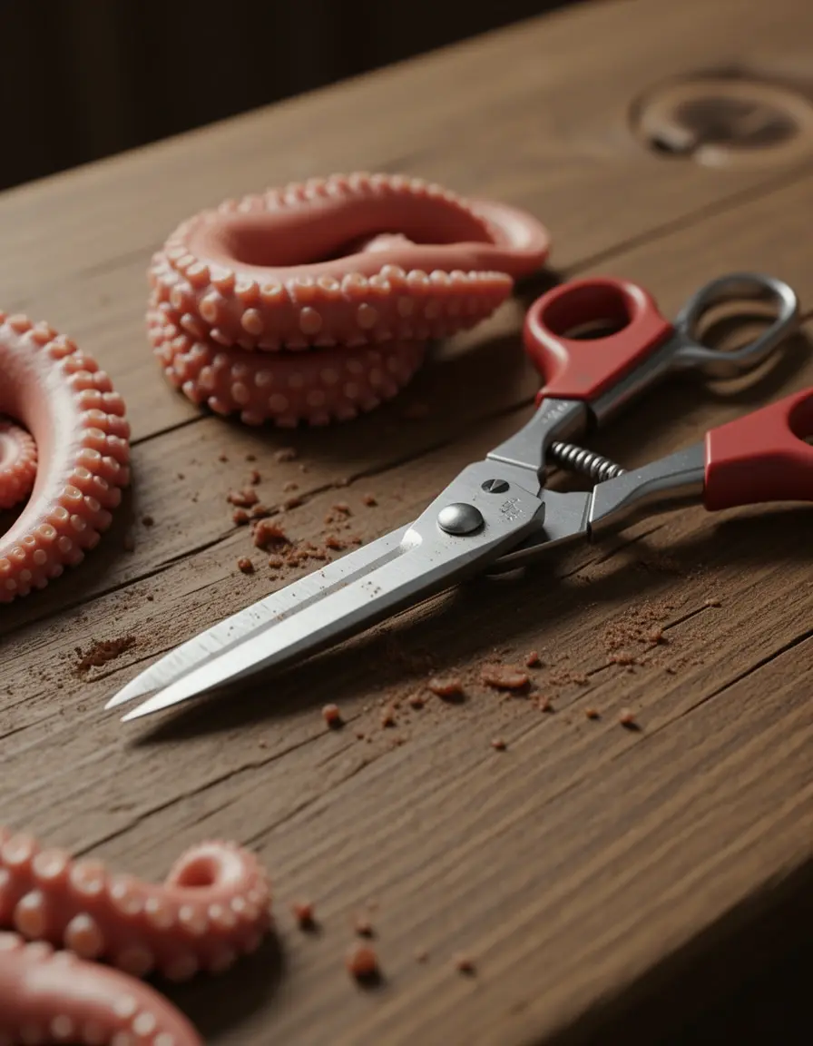 Tijeras profesionales para marisco cortando tentáculo de pulpo