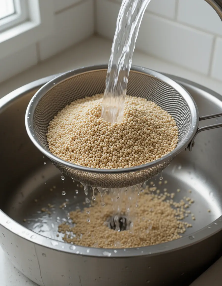 Colador de malla fina para lavar quinoa bajo el grifo con agua fluyendo