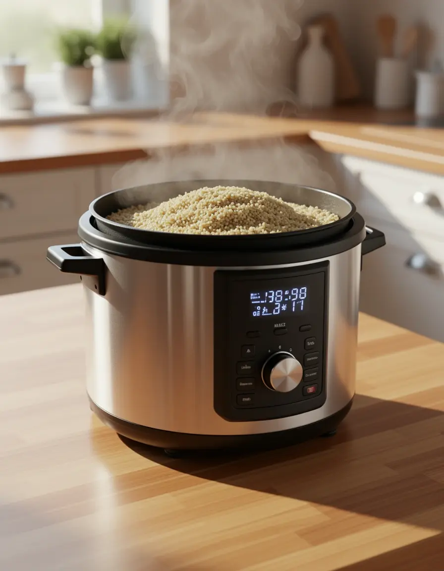 Arrocera eléctrica moderna cocinando quinoa fotorrealista