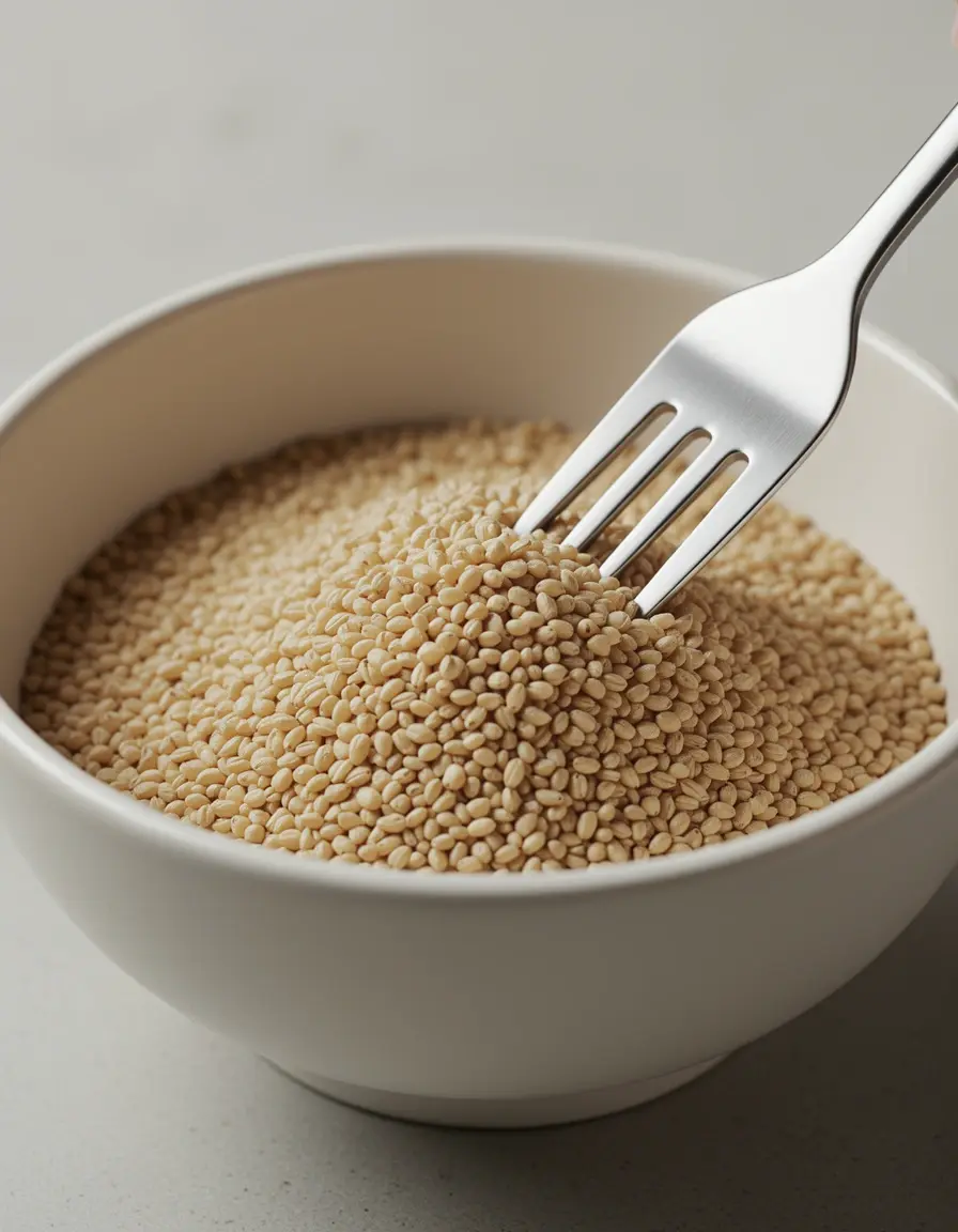 Tenedor de acero inoxidable aireando granos de quinoa en un bol