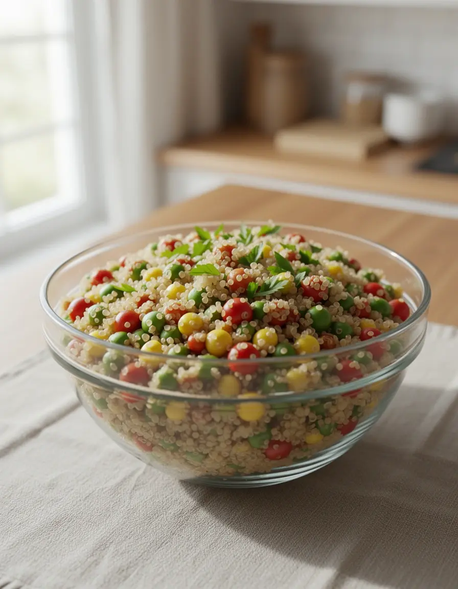Ensaladera grande de cristal con una colorida ensalada de quinoa