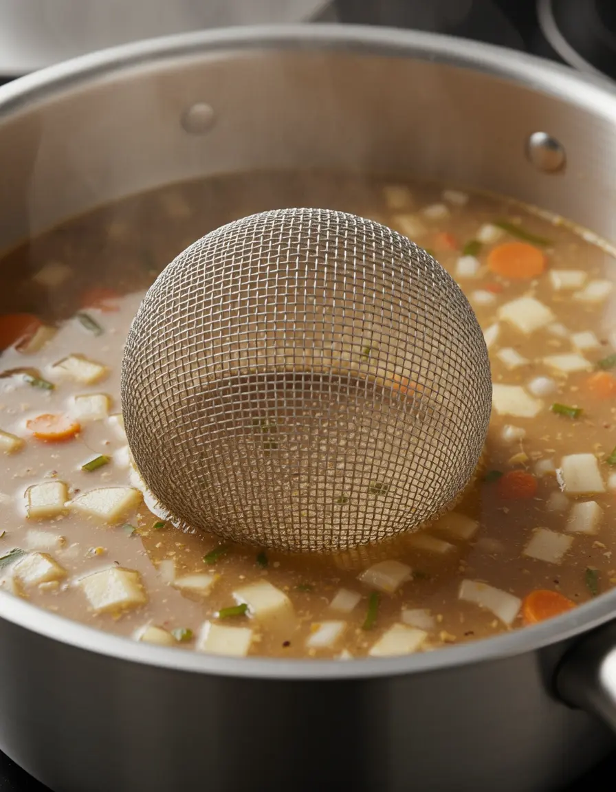 Infusor de hierbas de acero inoxidable en una olla con caldo