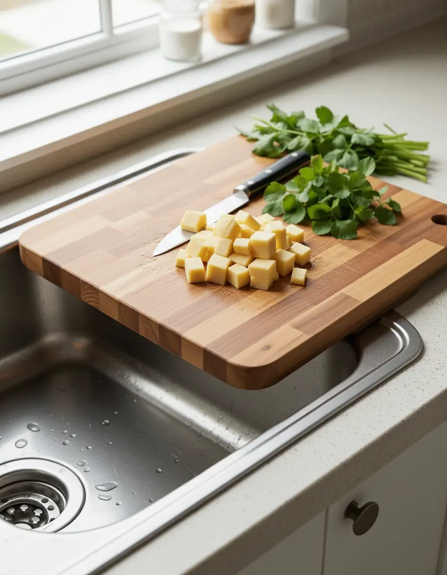 Tabla de cortar que encaja sobre el fregadero de la cocina