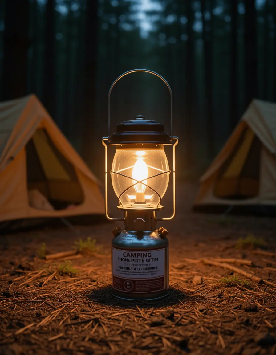 Linterna de butano encendida para camping