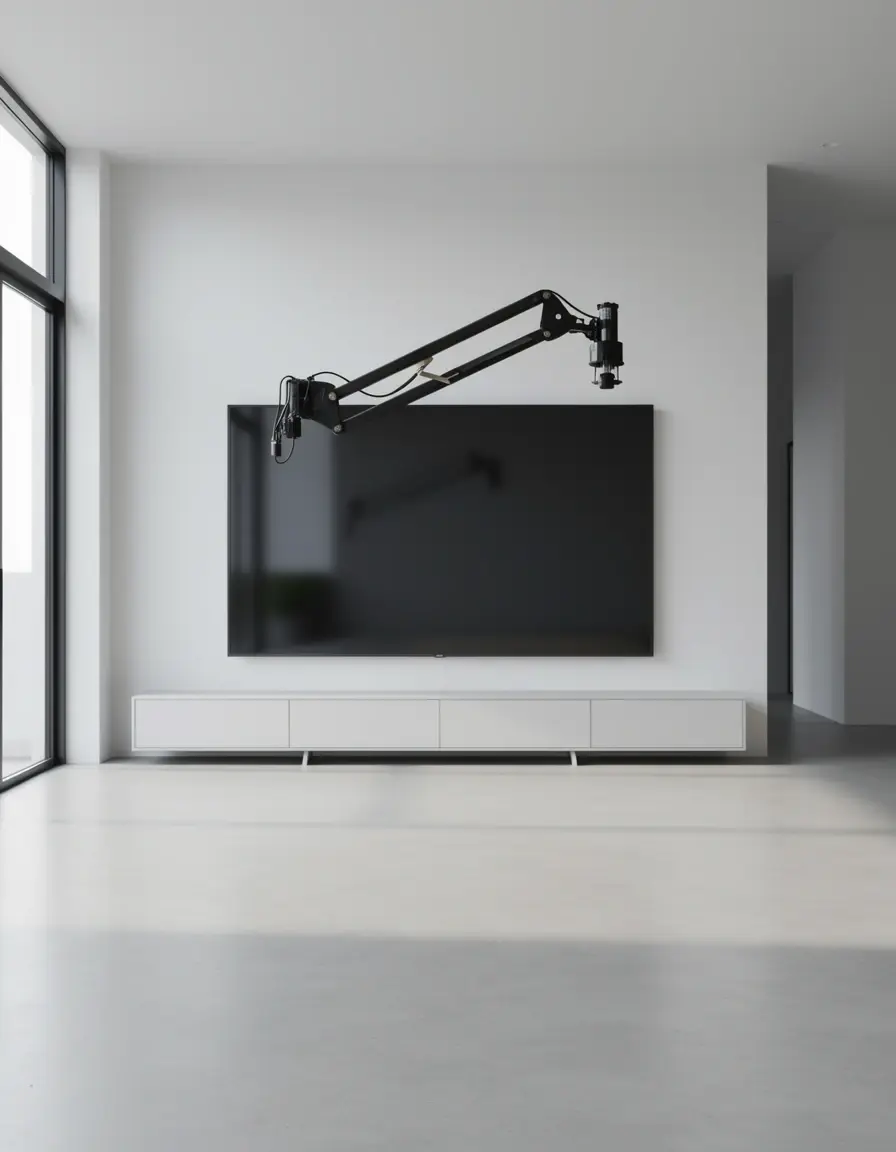 Soporte de brazo articulado para televisión en salón abierto