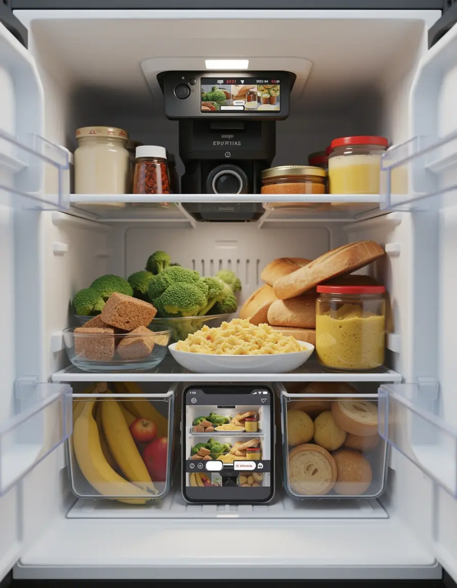 Cámara inteligente para interior de nevera mostrando alimentos frescos