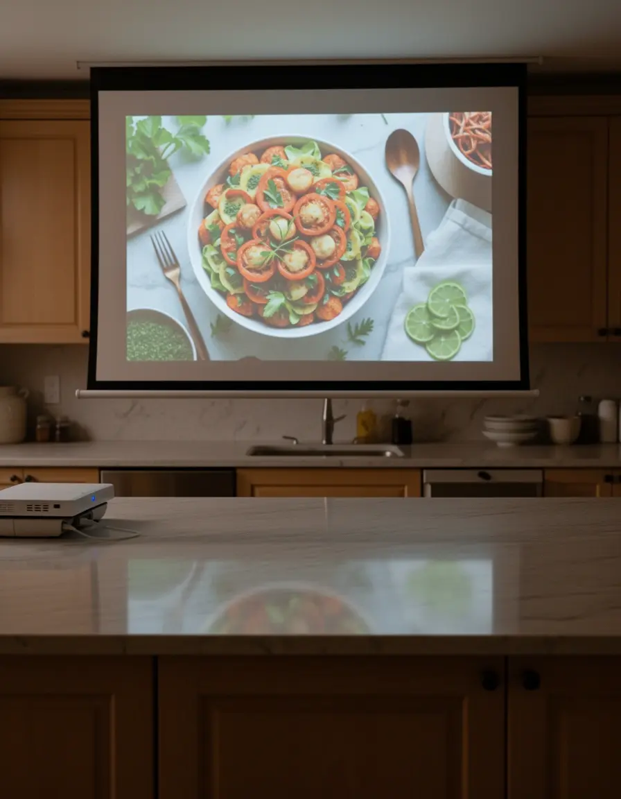 Proyector de recetas inteligente mostrando pasos culinarios sobre el mostrador