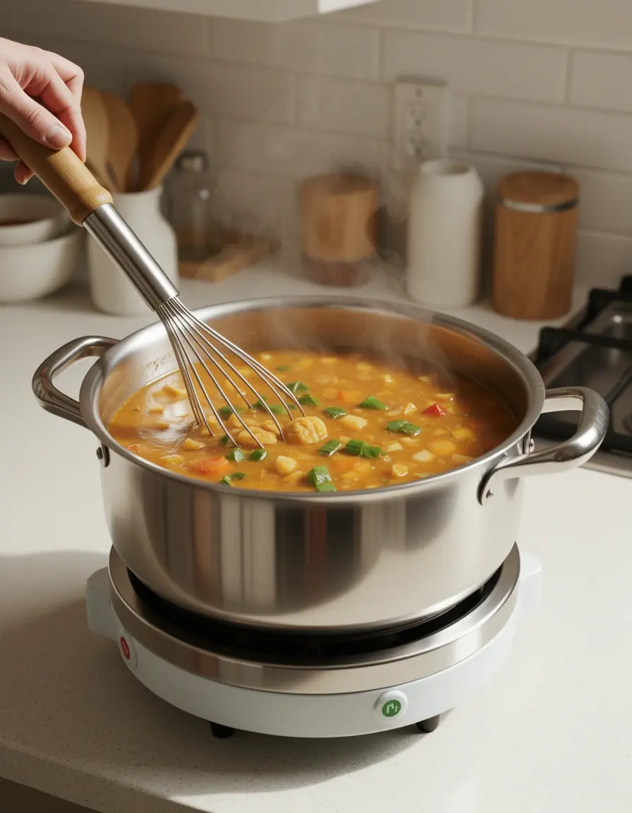 Agitador automático robótico en una olla de sopa