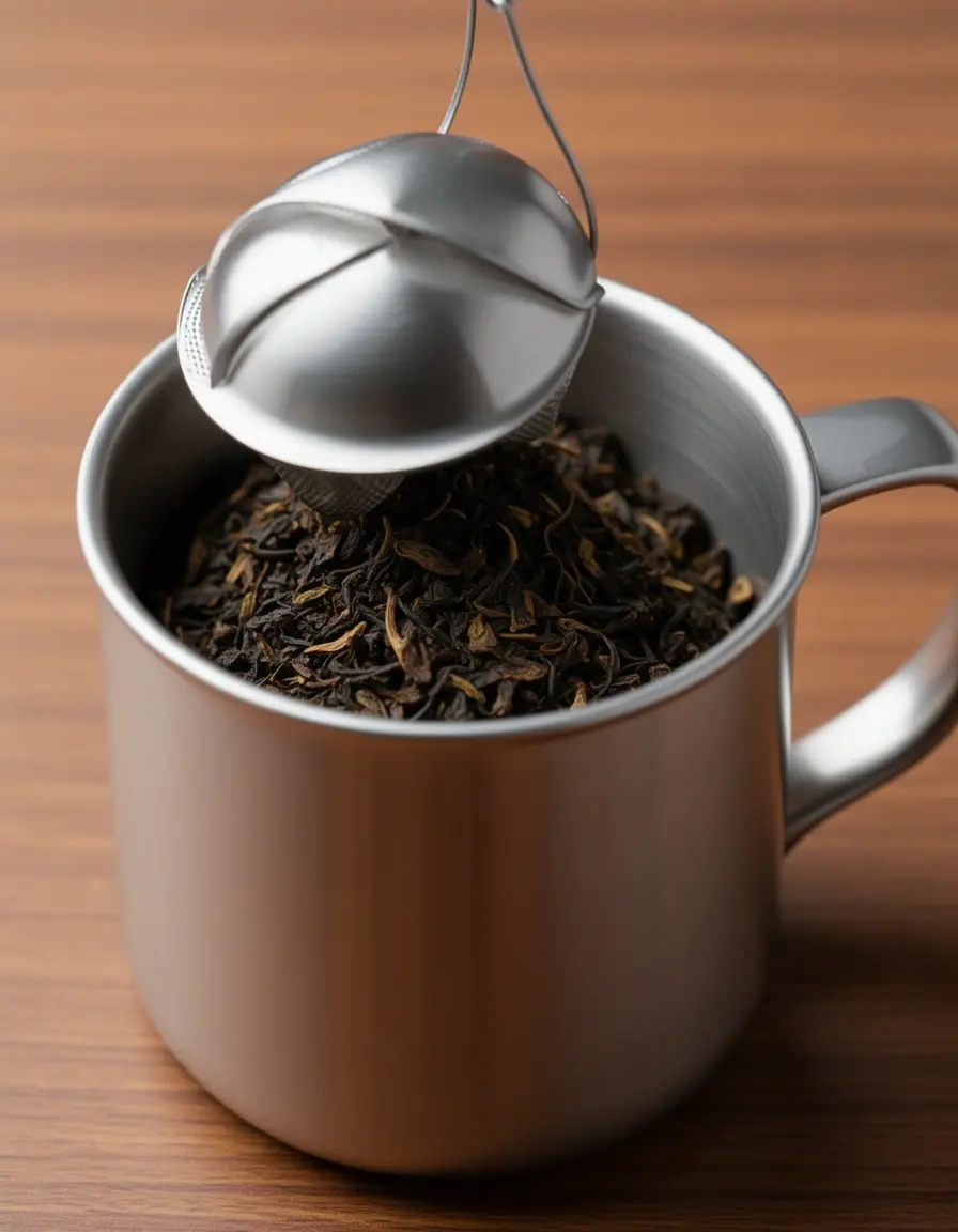 Infusor de té de acero inoxidable en una taza con hojas sueltas