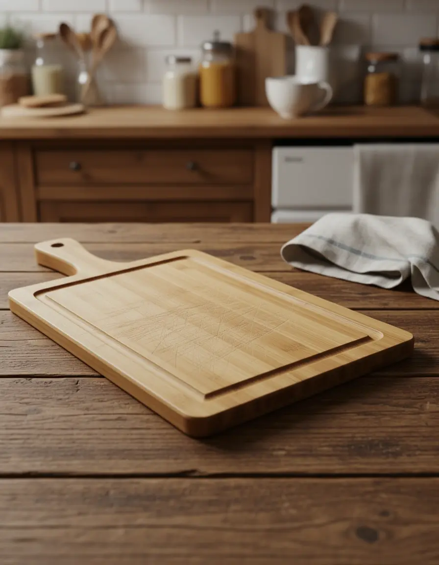 Tabla de cortar de bambú pequeña con ranura para jugos en cocina rústica