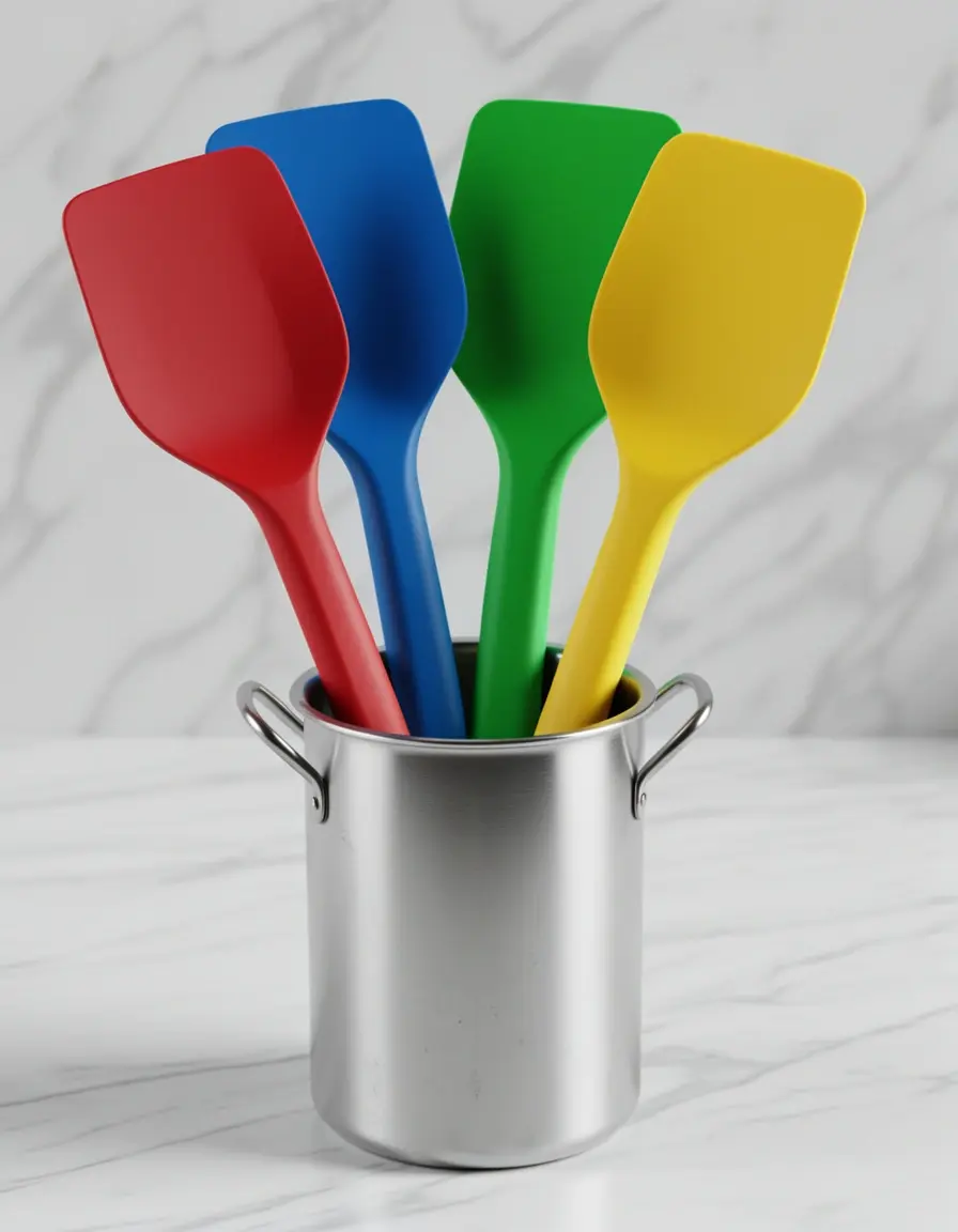 Juego de 4 espátulas de silicona de colores en soporte sobre encimera de mármol