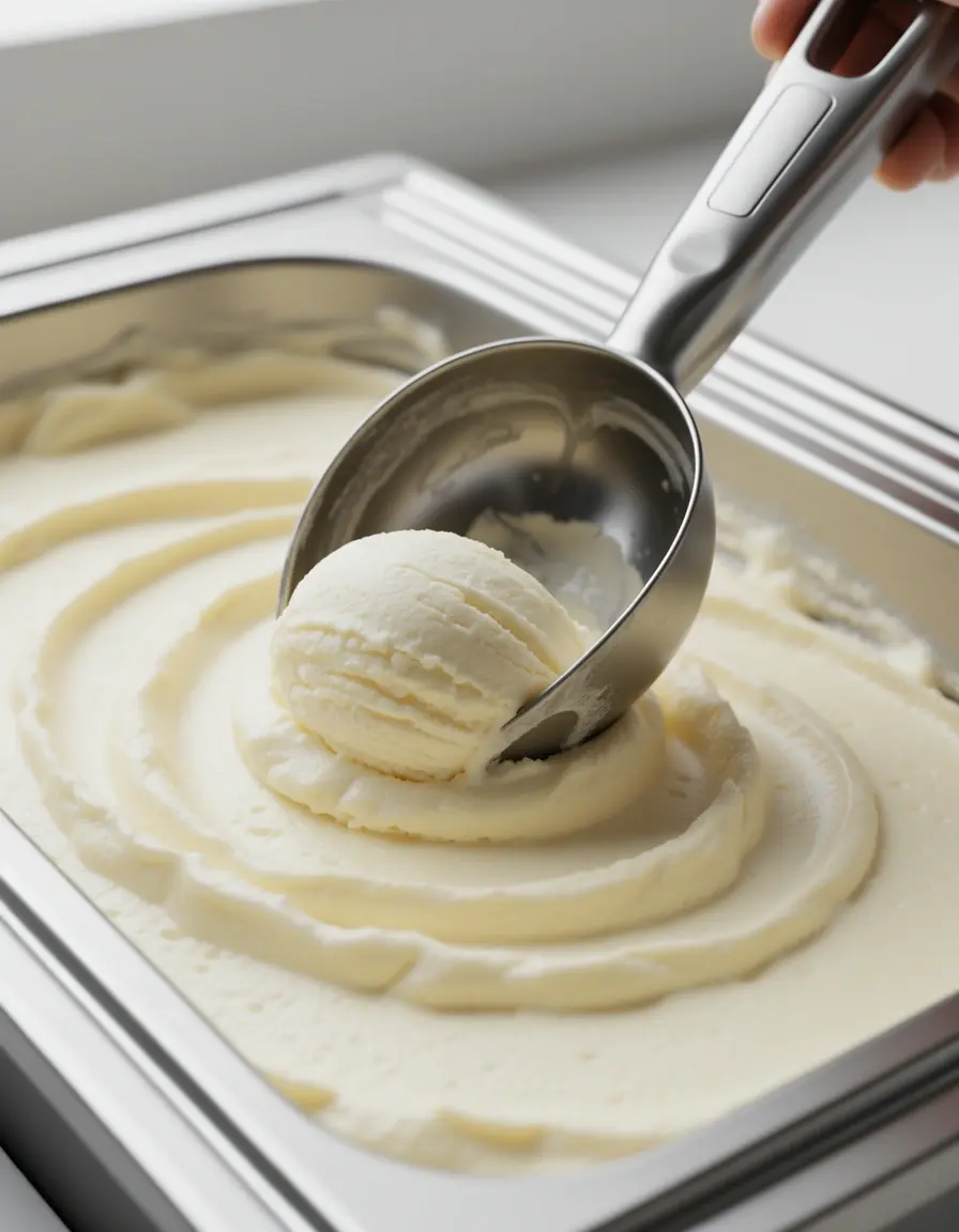 Cuchara para helado de acero inoxidable sacando helado de vainilla