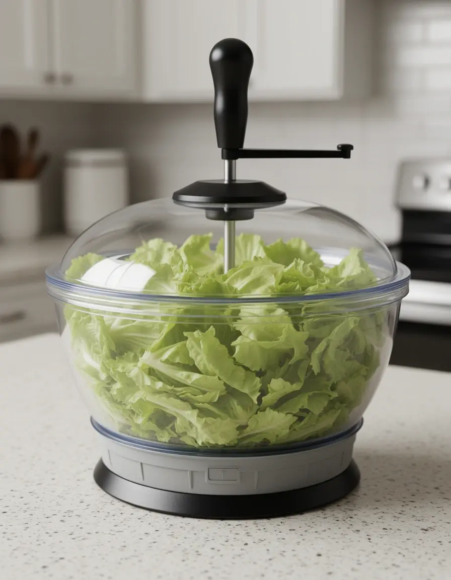 Centrifugadora de ensaladas de gran capacidad con lechuga girando