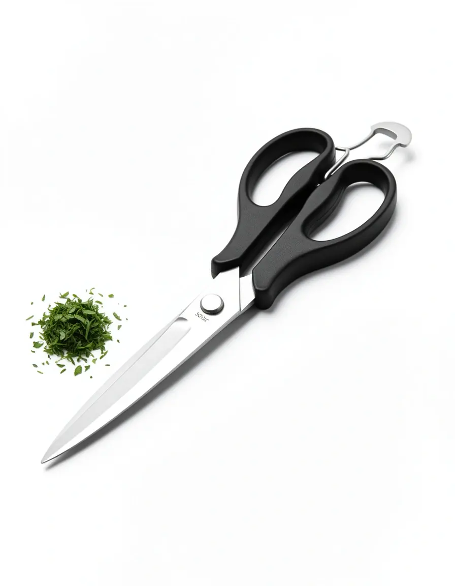 Tijeras de cocina multiusos cortando hierbas sobre fondo blanco