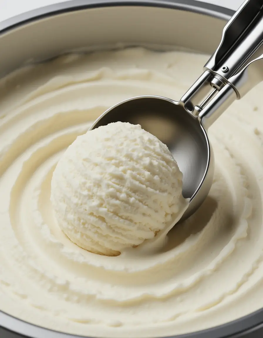 Cuchara de acero inoxidable para helado sacando una bola de vainilla
