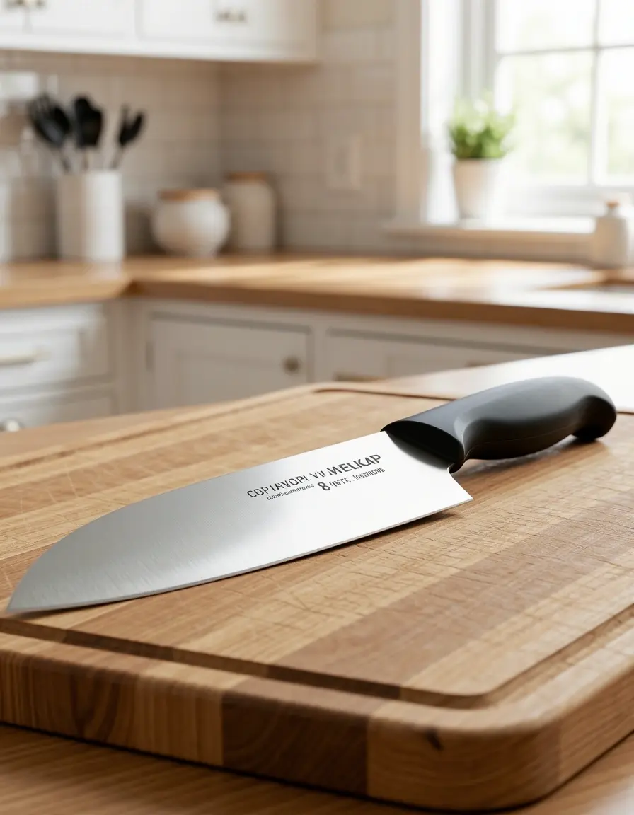 Cuchillo de chef de 8 pulgadas sobre tabla de madera