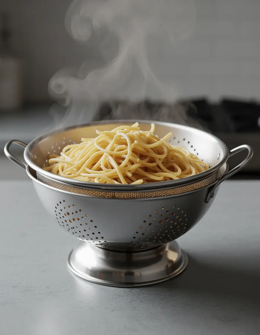 Colador de acero inoxidable de 3 cuartos con pasta humeante