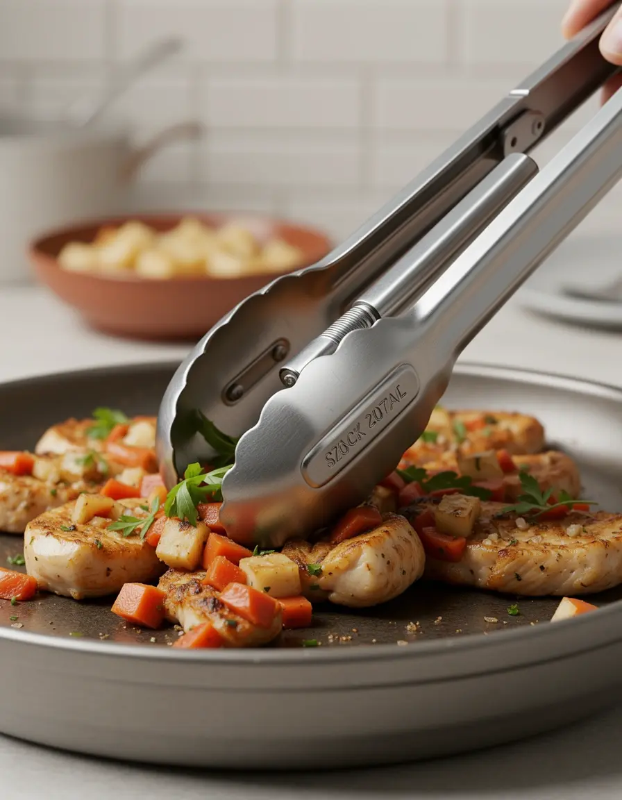 Pinzas de cocina de acero inoxidable de 12 pulgadas sujetando comida