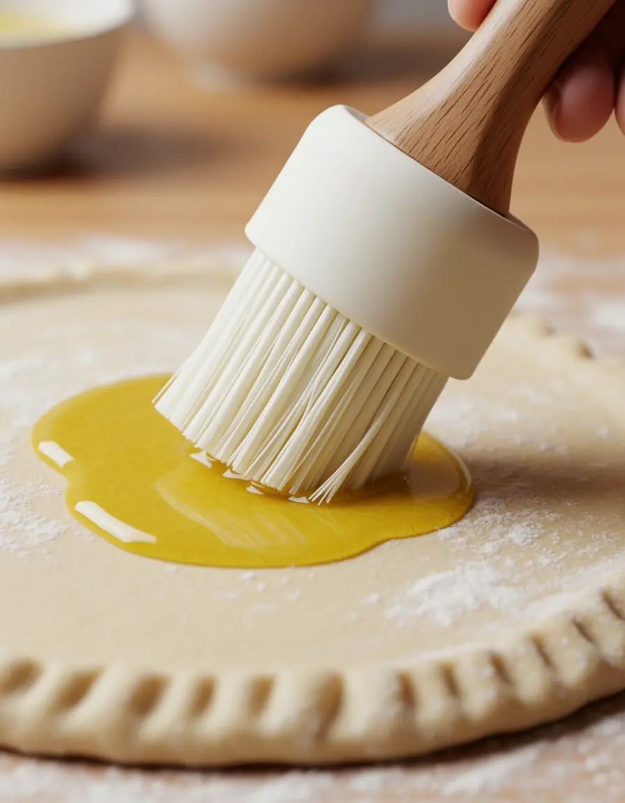 Pincel de cocina de silicona con mango de madera aplicando aceite