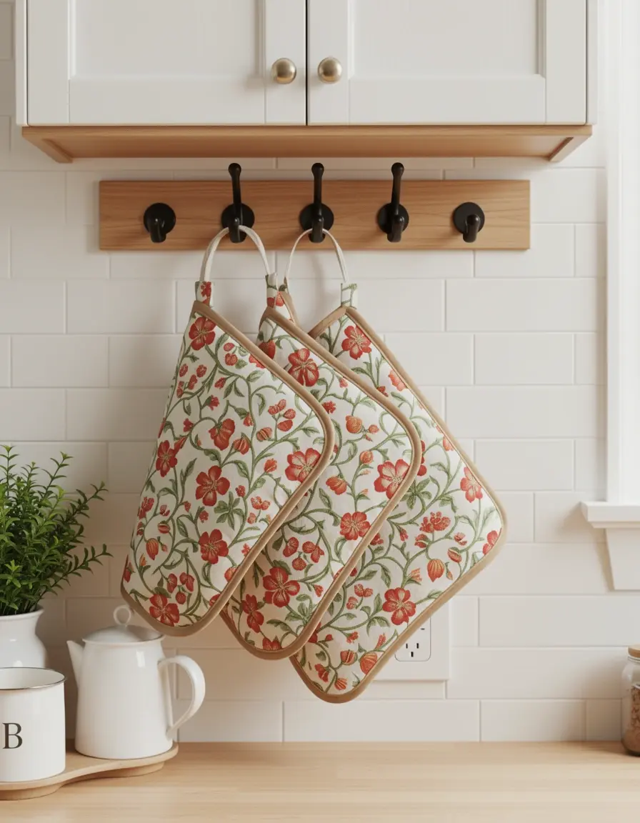 Set de 2 agarraderas de algodón con estampado colgadas en la cocina