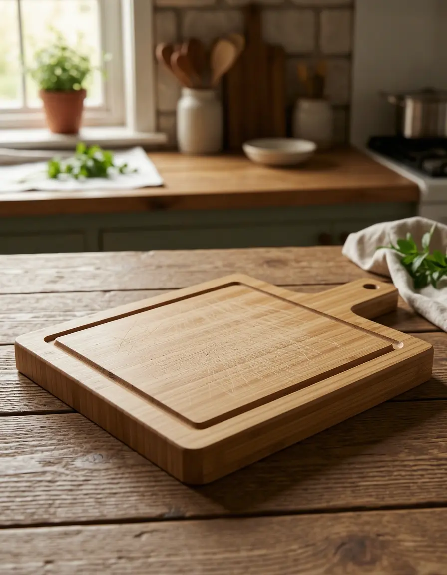 Tabla de cortar de bambú pequeña con ranura para jugos en ambiente rústico