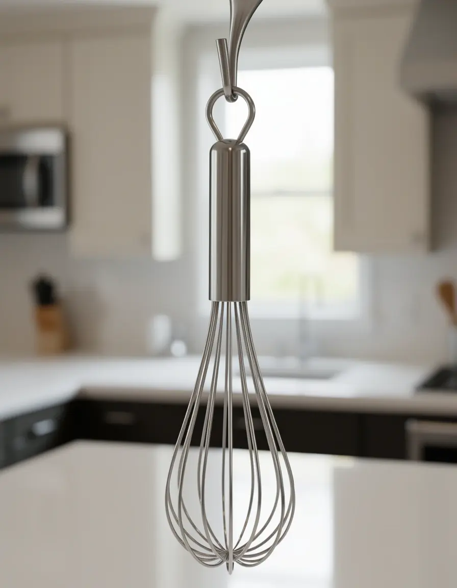 Batidor de varillas de acero inoxidable colgado en cocina moderna