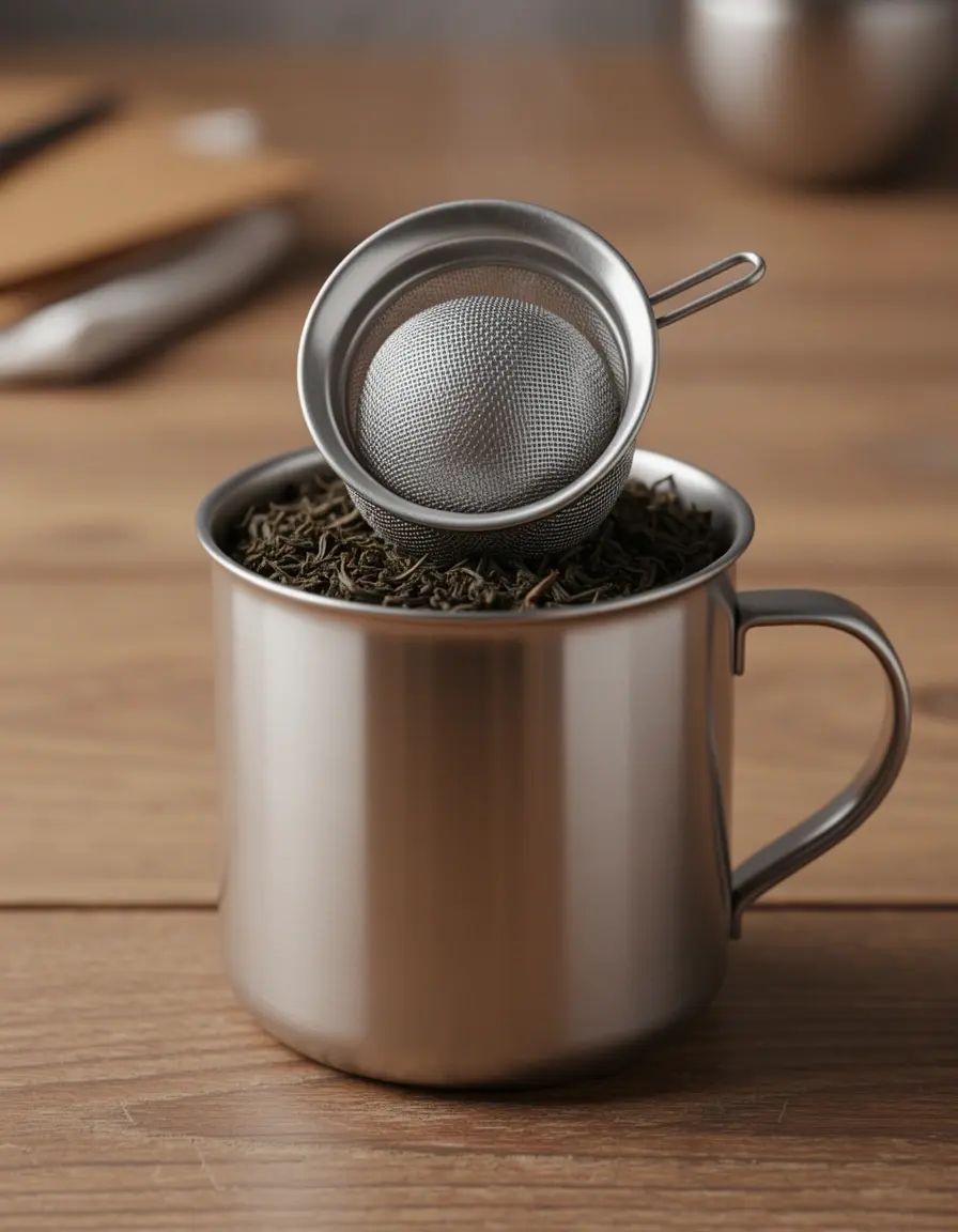 Infusor de té de acero inoxidable con hojas de té sueltas en una taza