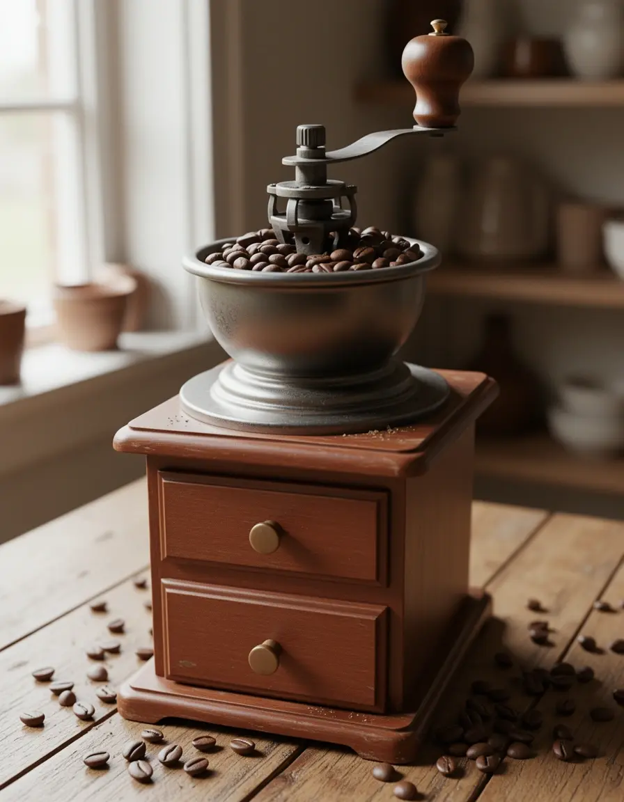 Molinillo de café manual de cerámica moliendo granos
