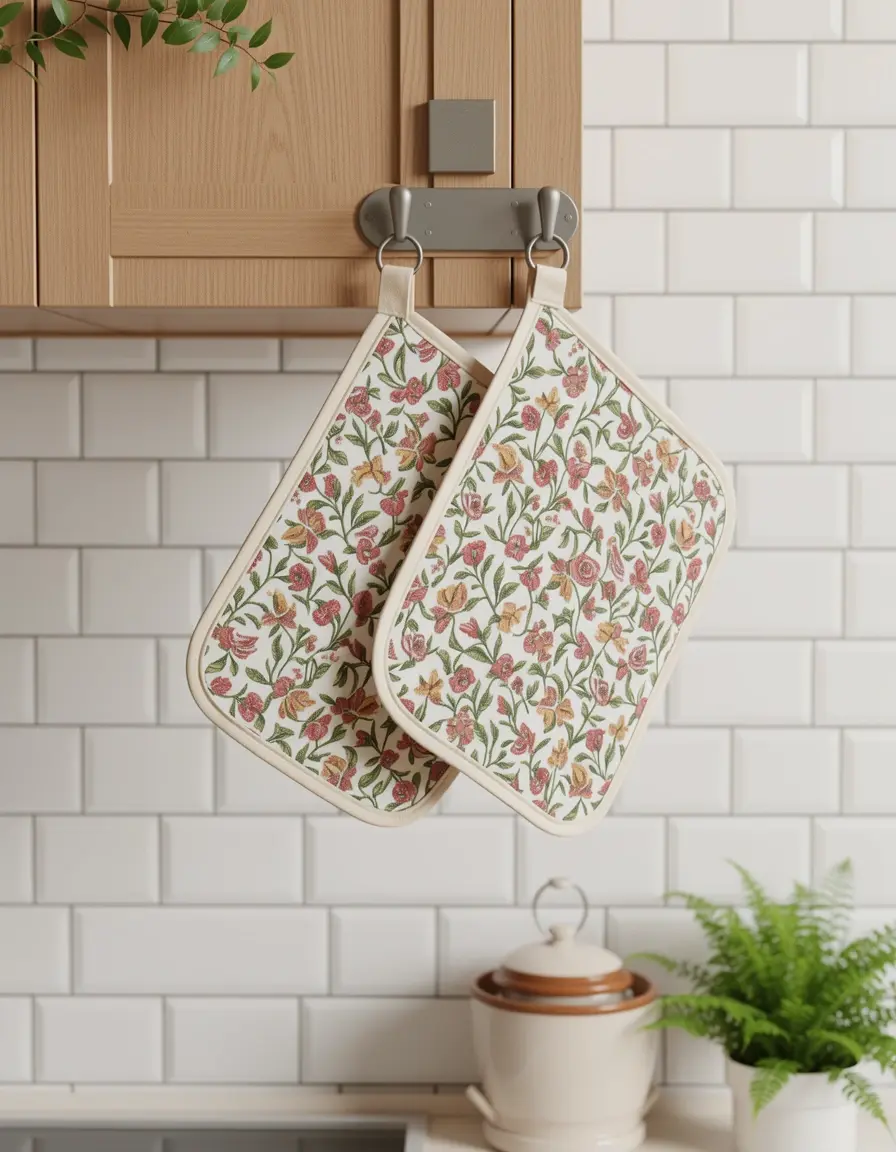 Set de 2 agarradores de cocina de algodón con diseño colgados en un gancho