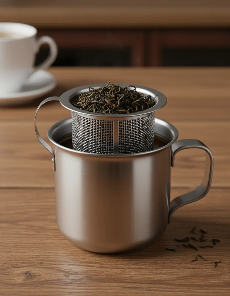 Infusor de té de acero inoxidable dentro de una taza con hojas de té